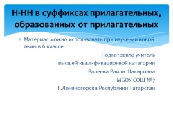 Презентация по русскому языку на тему "Правописание Н/НН в суффиксах прилагательных, образованных от существительных" (6 класс) - Класс учебник | Академический школьный учебник скачать | Сайт школьных книг учебников uchebniki.org.ua