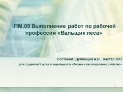 Презентация по ПМ.05 Выполнение работ по рабочей профессии "Вальщик леса" - Класс учебник | Академический школьный учебник скачать | Сайт школьных книг учебников uchebniki.org.ua