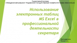 Презентация "Использование электронных таблиц MS Excel в профессиональной деятельности секретаря" (2 курс специальность "Документоведение и документационное обеспечение управления") - Класс учебник | Академический школьный учебник скачать | Сайт школьных книг учебников uchebniki.org.ua